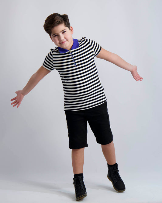 Black and White Striped Zipper Polo With Cobalt Collar