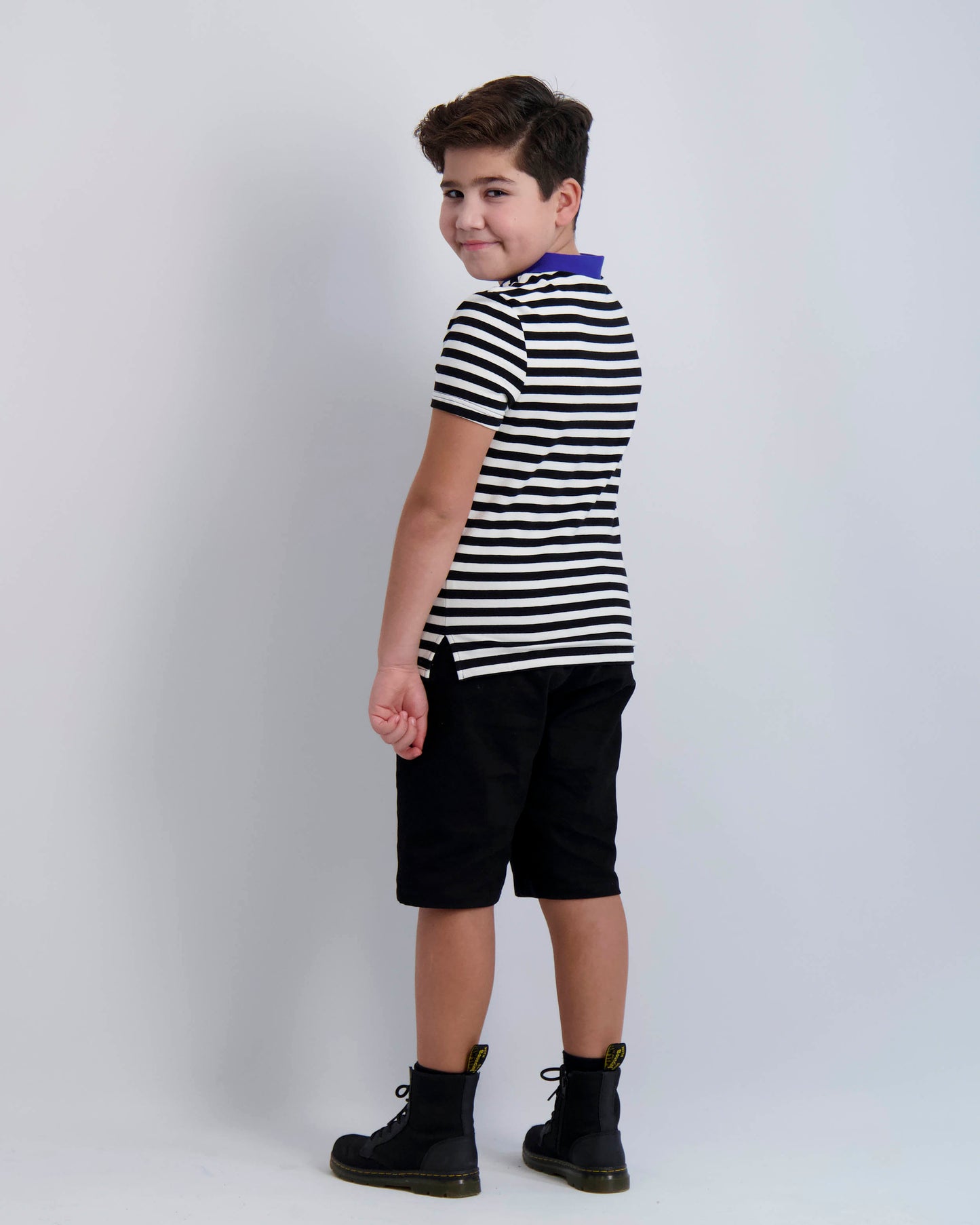 Black and White Striped Zipper Polo With Cobalt Collar