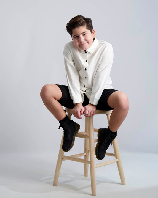 Black Buttons Long Sleeve Dress Shirt with Houndstooth Contrast