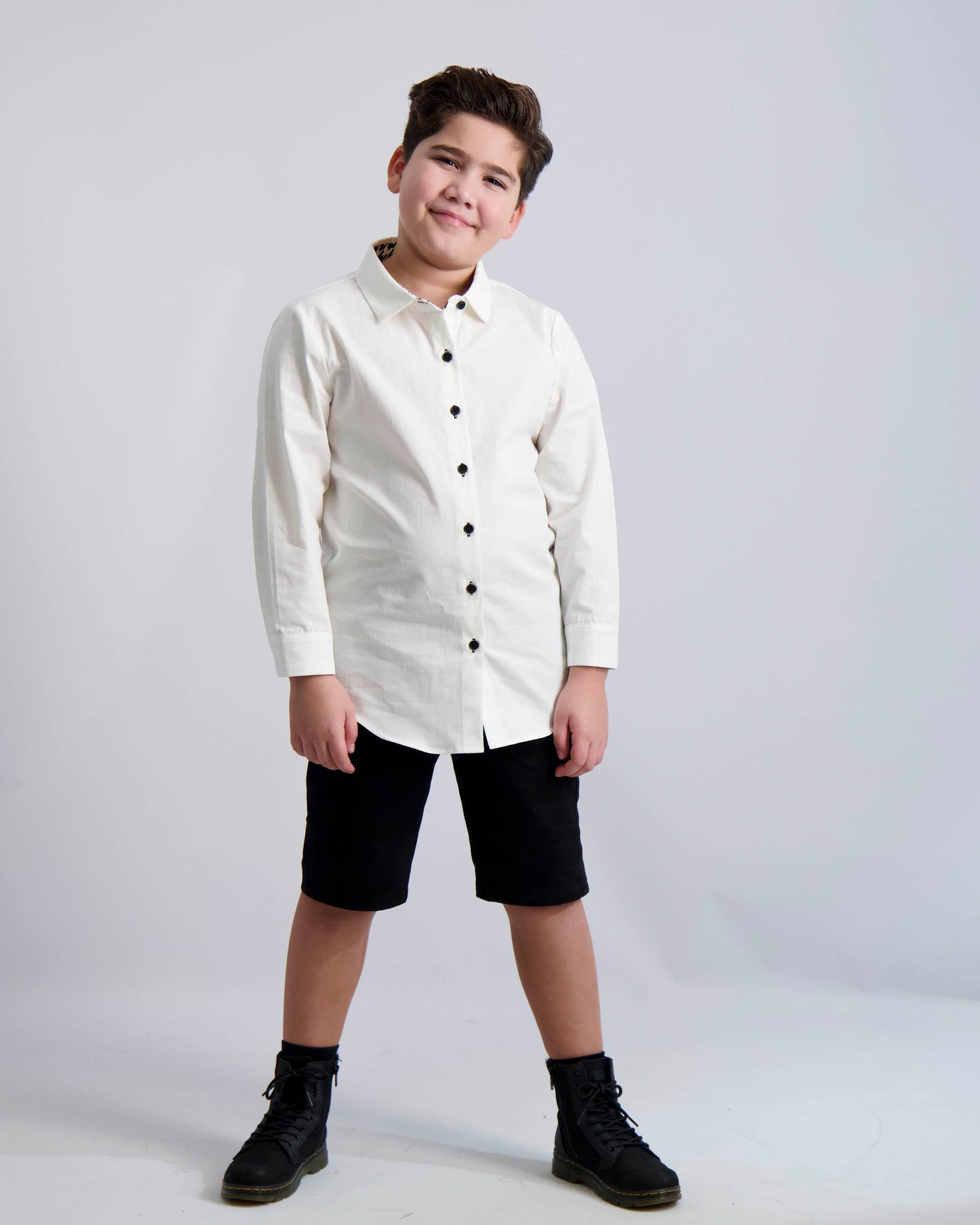 Black Buttons Long Sleeve Dress Shirt with Houndstooth Contrast