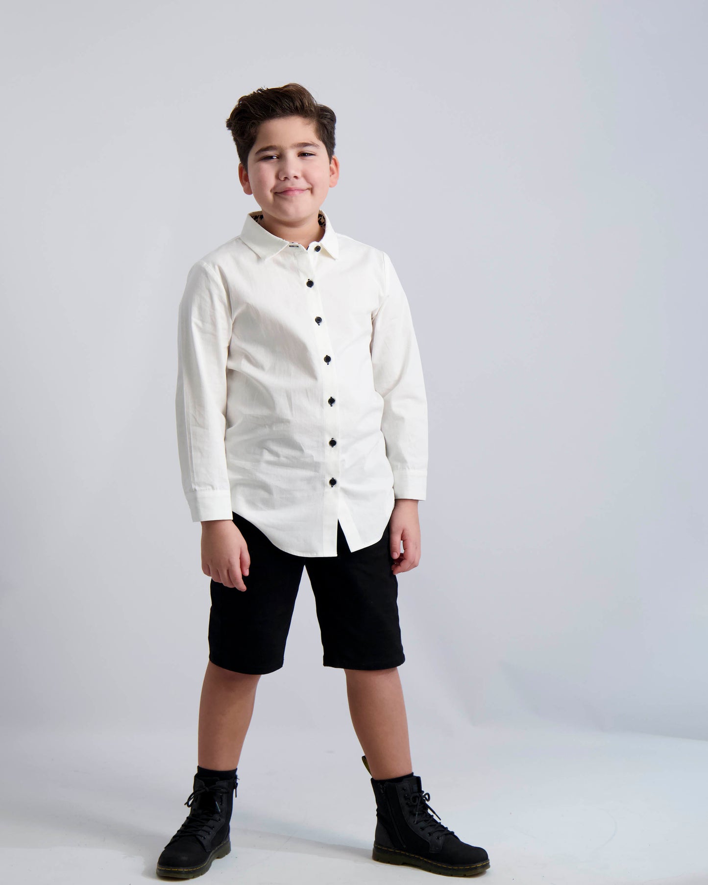 Black Buttons Long Sleeve Dress Shirt with Houndstooth Contrast