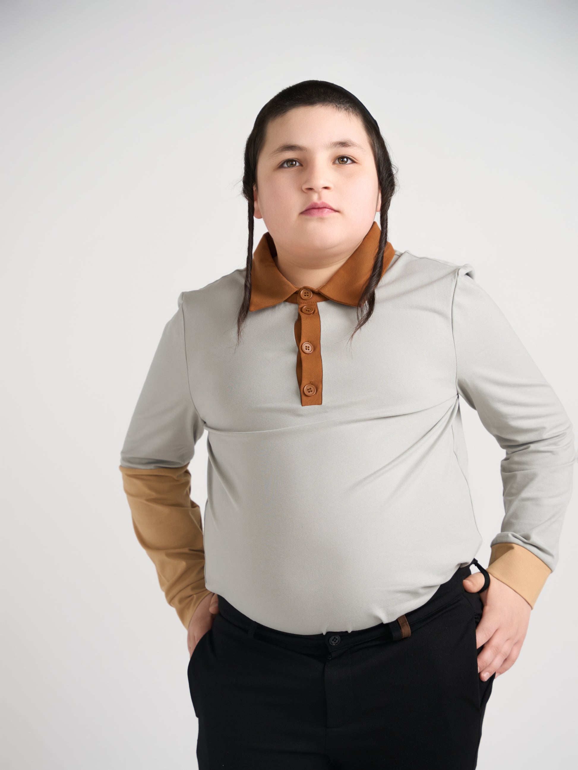 Gray Color Block Polo Long Sleeve Husky Boys