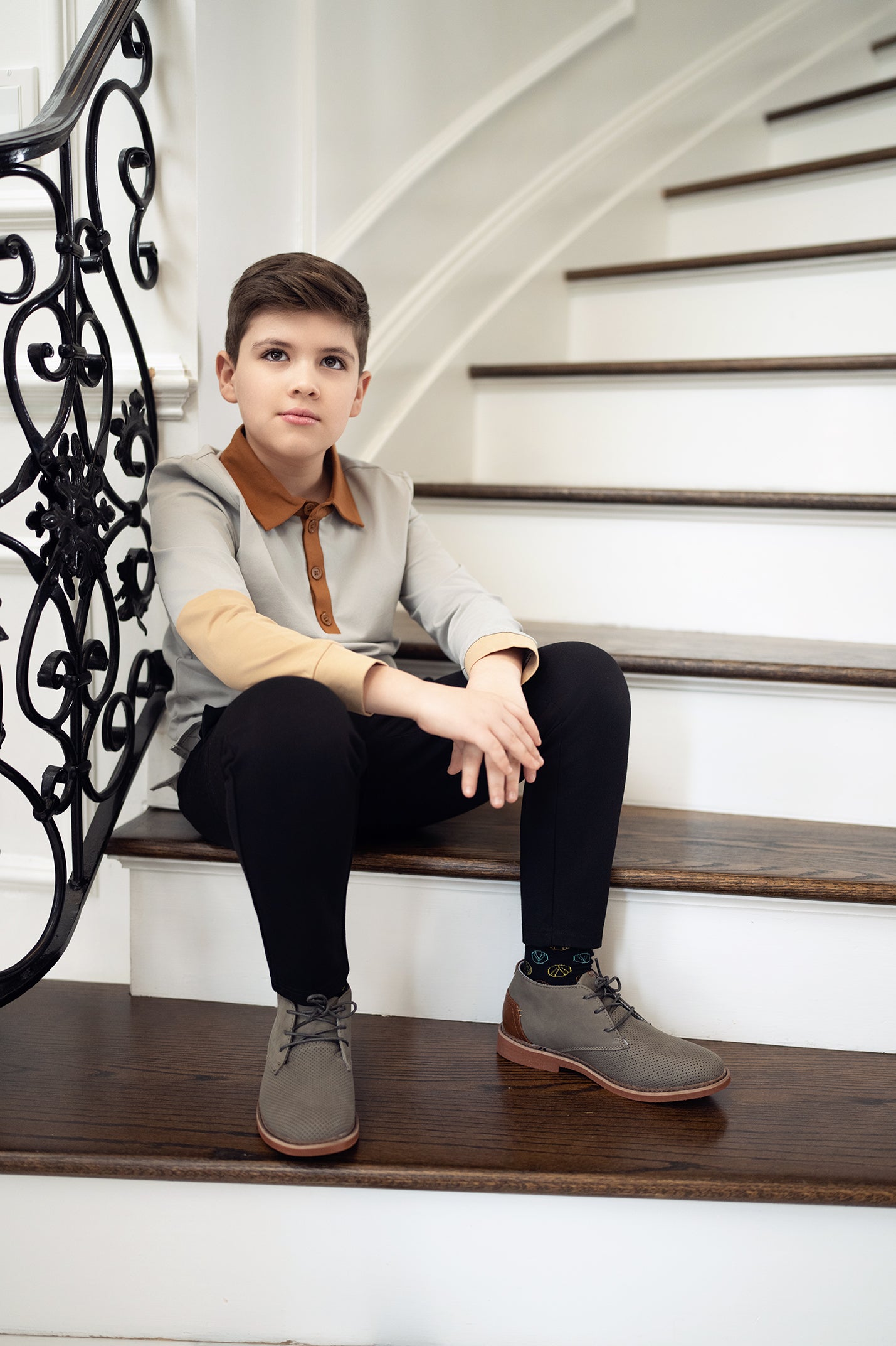 Gray Color Block Polo Long Sleeve Husky Boys