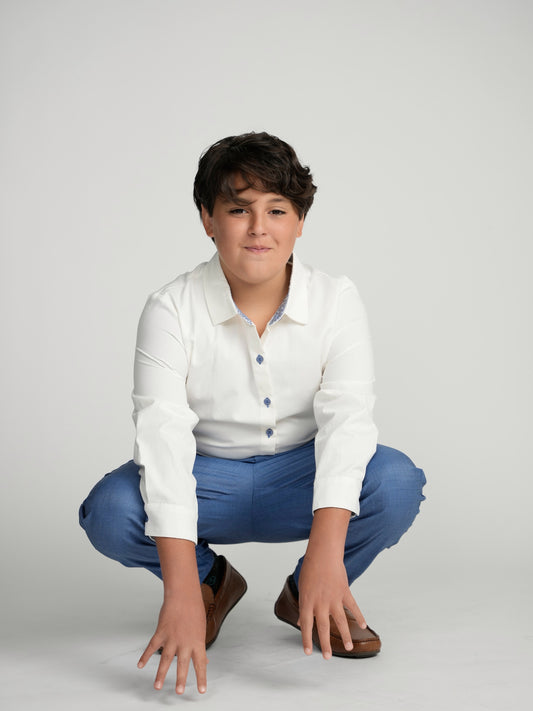 Blue Buttons Long Sleeve Dress Shirt with Paisley Contrast