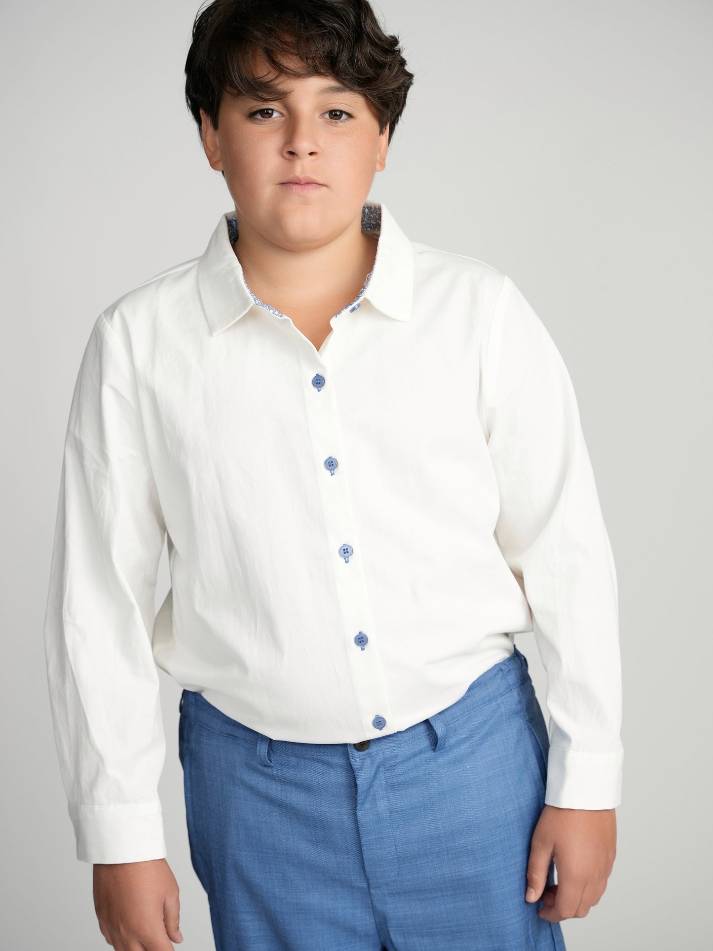 Blue Buttons Long Sleeve Dress Shirt with Paisley Contrast