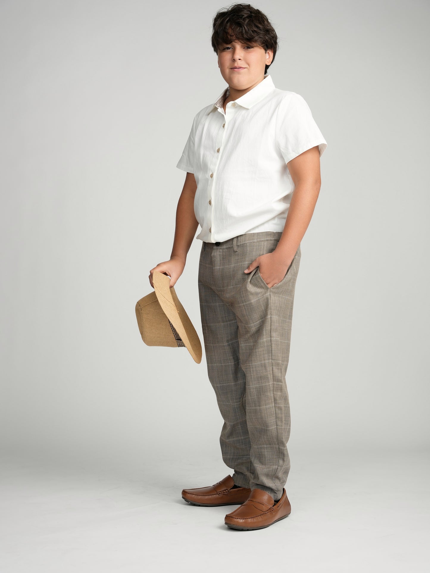 Tan Buttons Short Sleeve Dress Shirt with Paisley Contrast