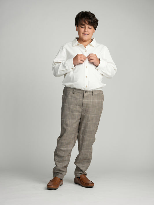 Tan Buttons Long Sleeve Dress Shirt with Paisley Contrast