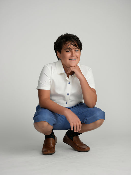 Blue Buttons Short Sleeve Dress Shirt with Paisley Contrast