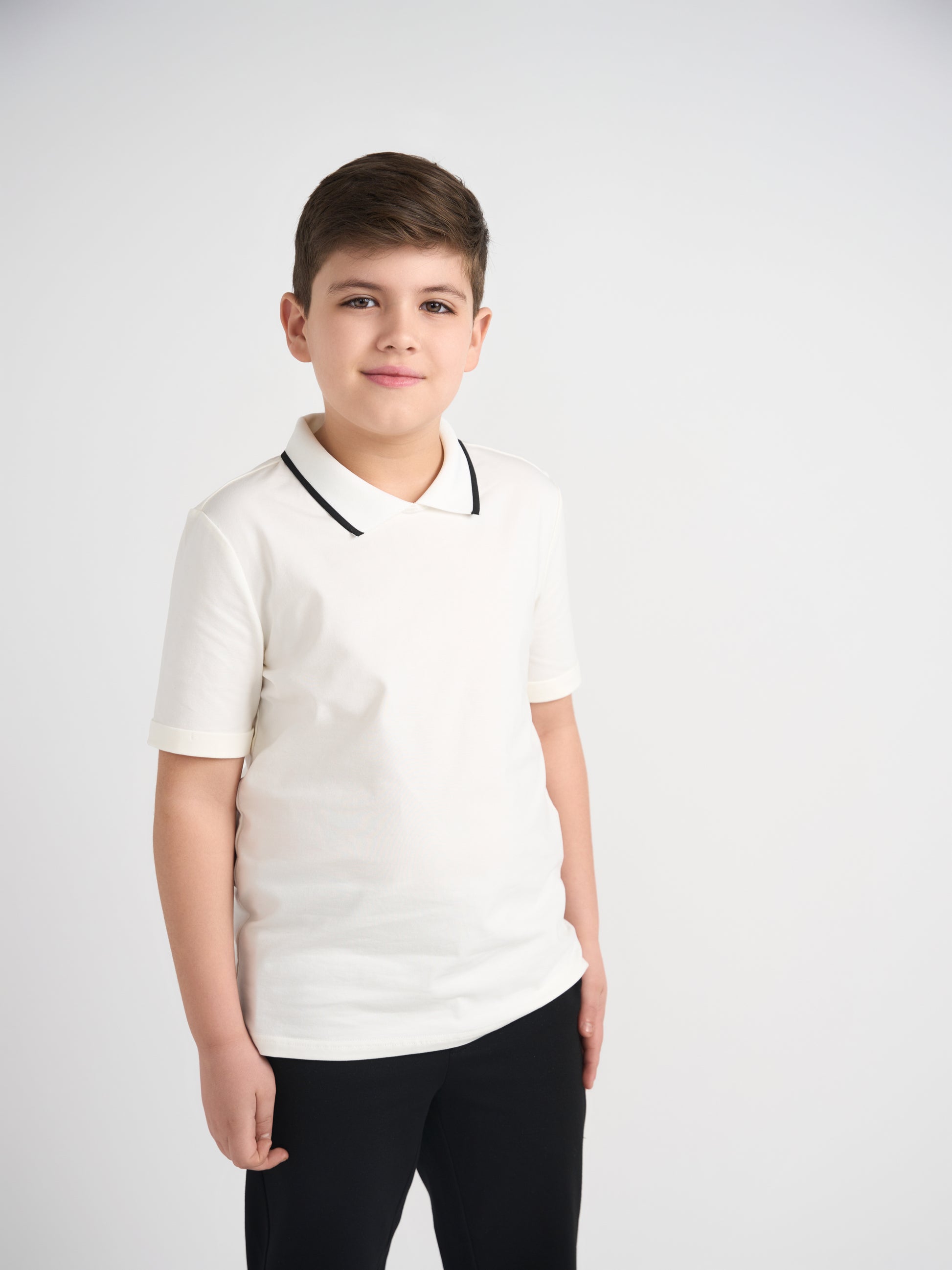 White Collar Top Black Trim Husky Boys