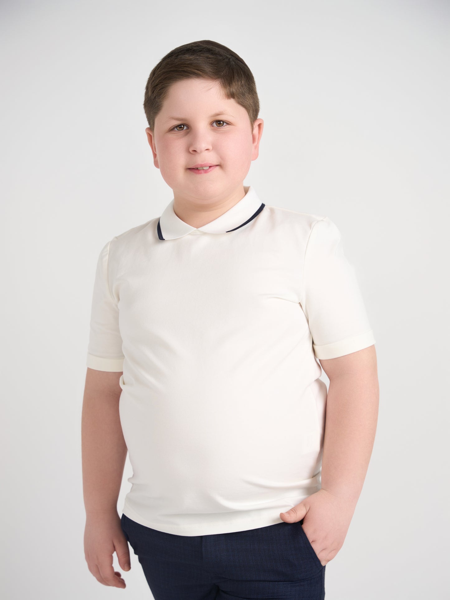 White With Navy Trim Collar Top Husky Boys