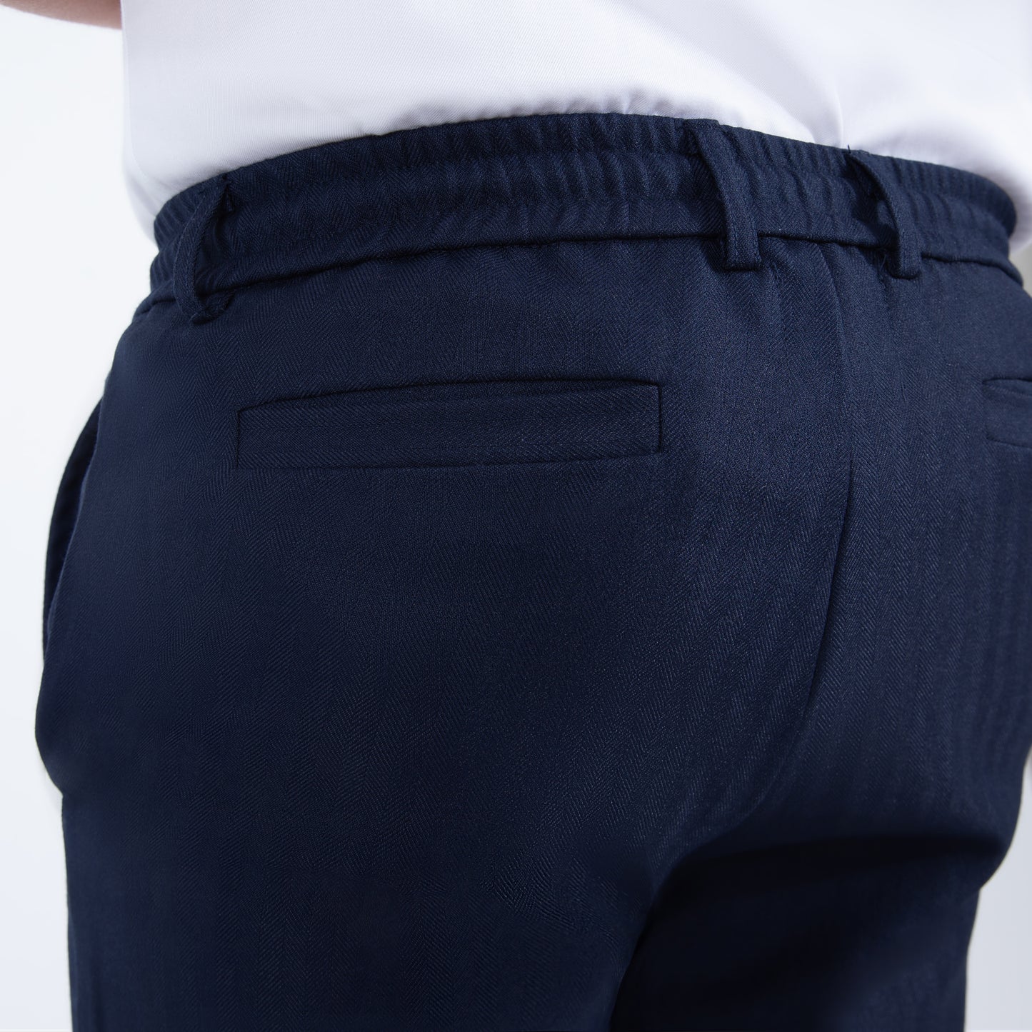 Mofi_Boys_husky_navy_pinstripe_pants jogger waistband closeup back