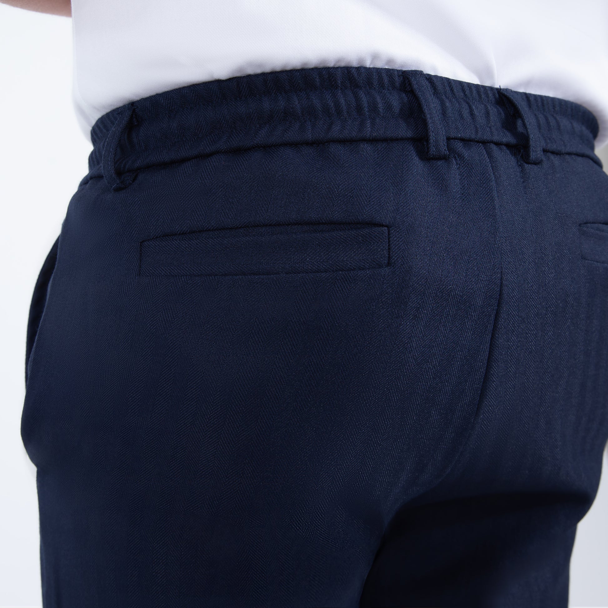 Mofi_Boys_husky_navy_pinstripe_pants jogger waistband closeup back