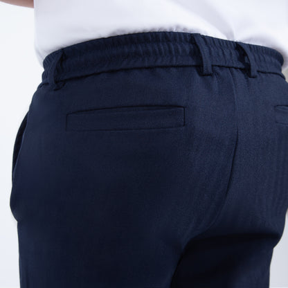 Mofi_Boys_husky_navy_pinstripe_pants jogger waistband closeup back