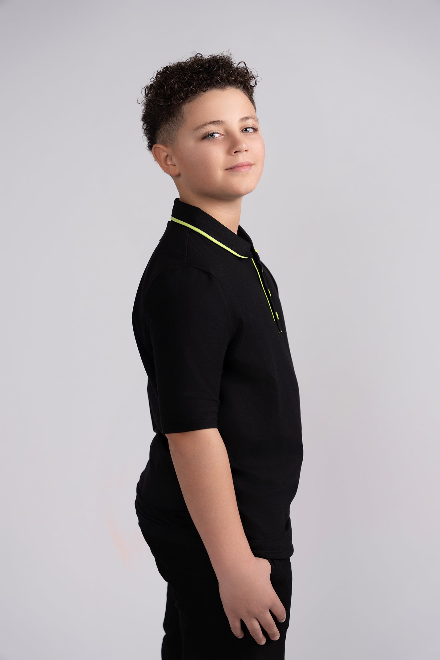 black and yellow flash polo husky boys side view