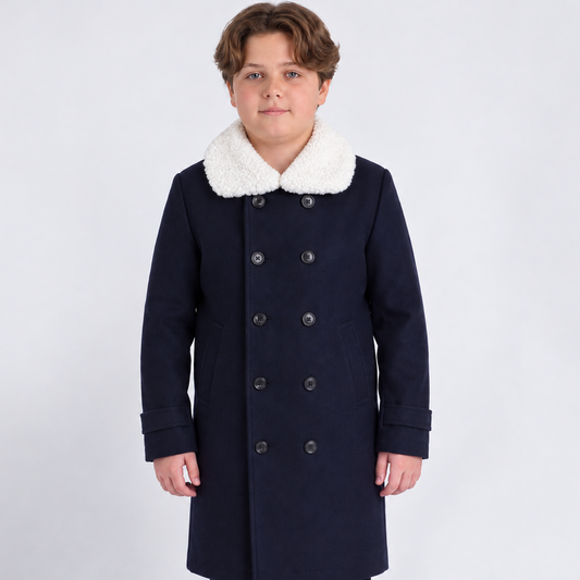 Navy Wool Coat With Removable Sherpa Collar