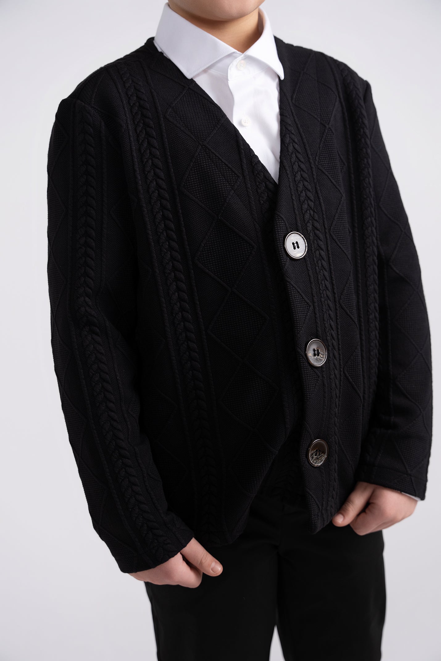 mofi black knit cardigan husky boys closeup