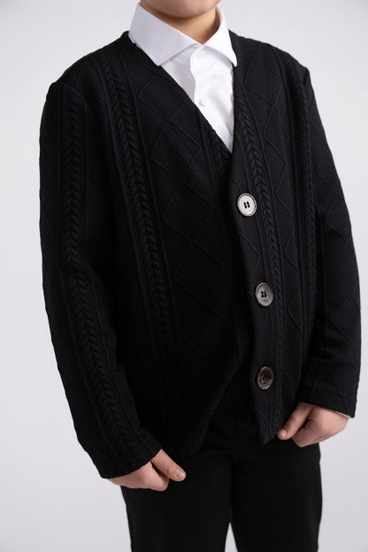 mofi black knit cardigan husky boys closeup