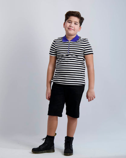 Black and White Striped Zipper Polo With Cobalt Collar