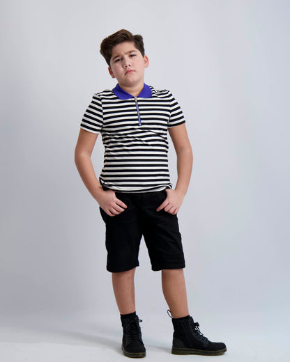 Black and White Striped Zipper Polo With Cobalt Collar