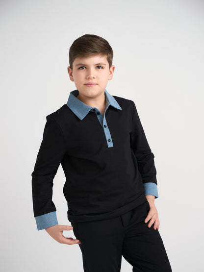 Black Polo With Demin Trim Husky Boys