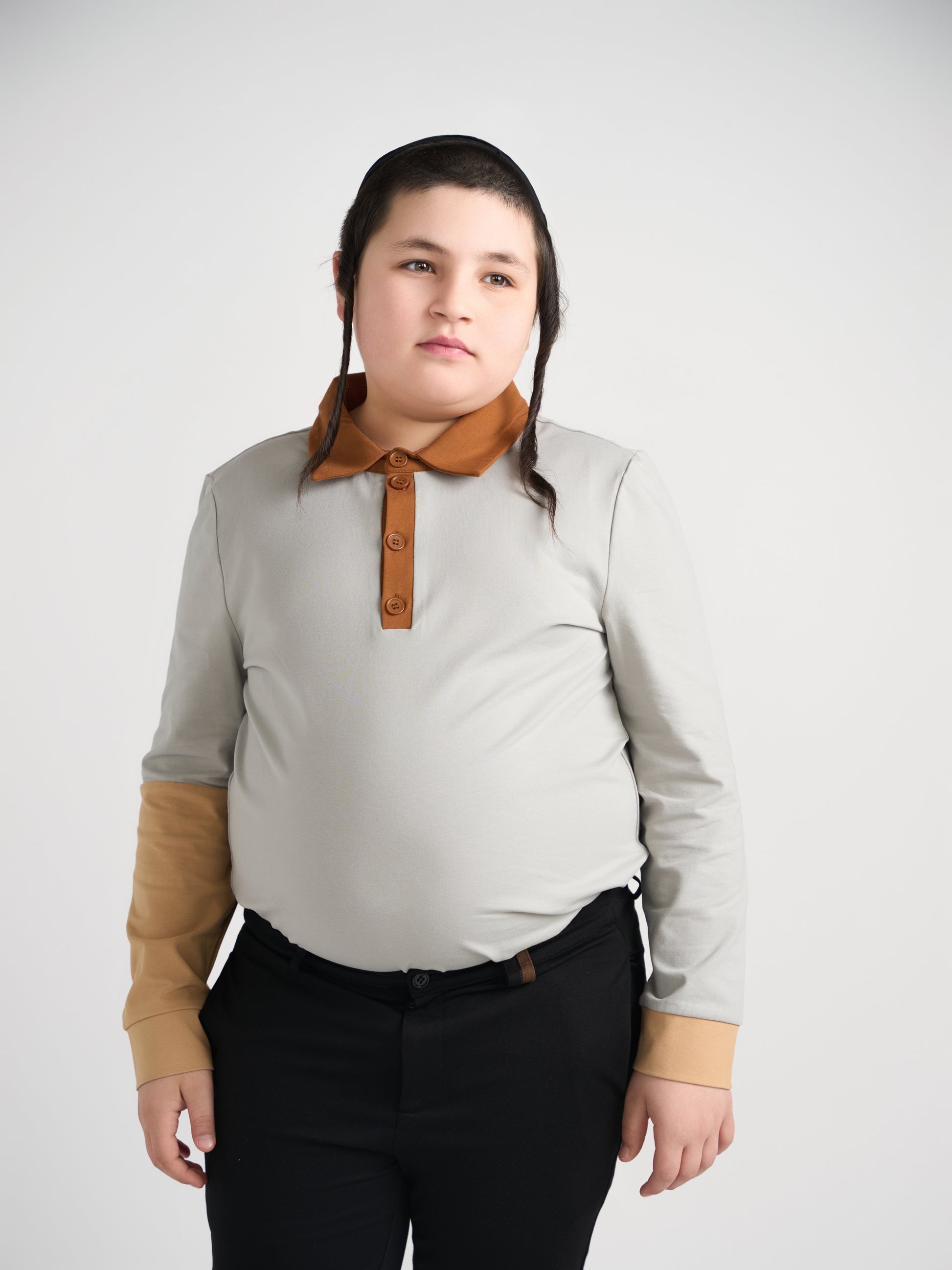 Gray Color Block Polo Long Sleeve Husky Boys