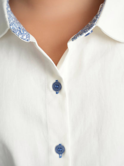 Blue Buttons Short Sleeve Dress Shirt with Paisley Contrast