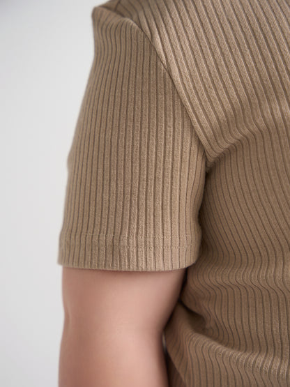 Almond Ribbed Button Top