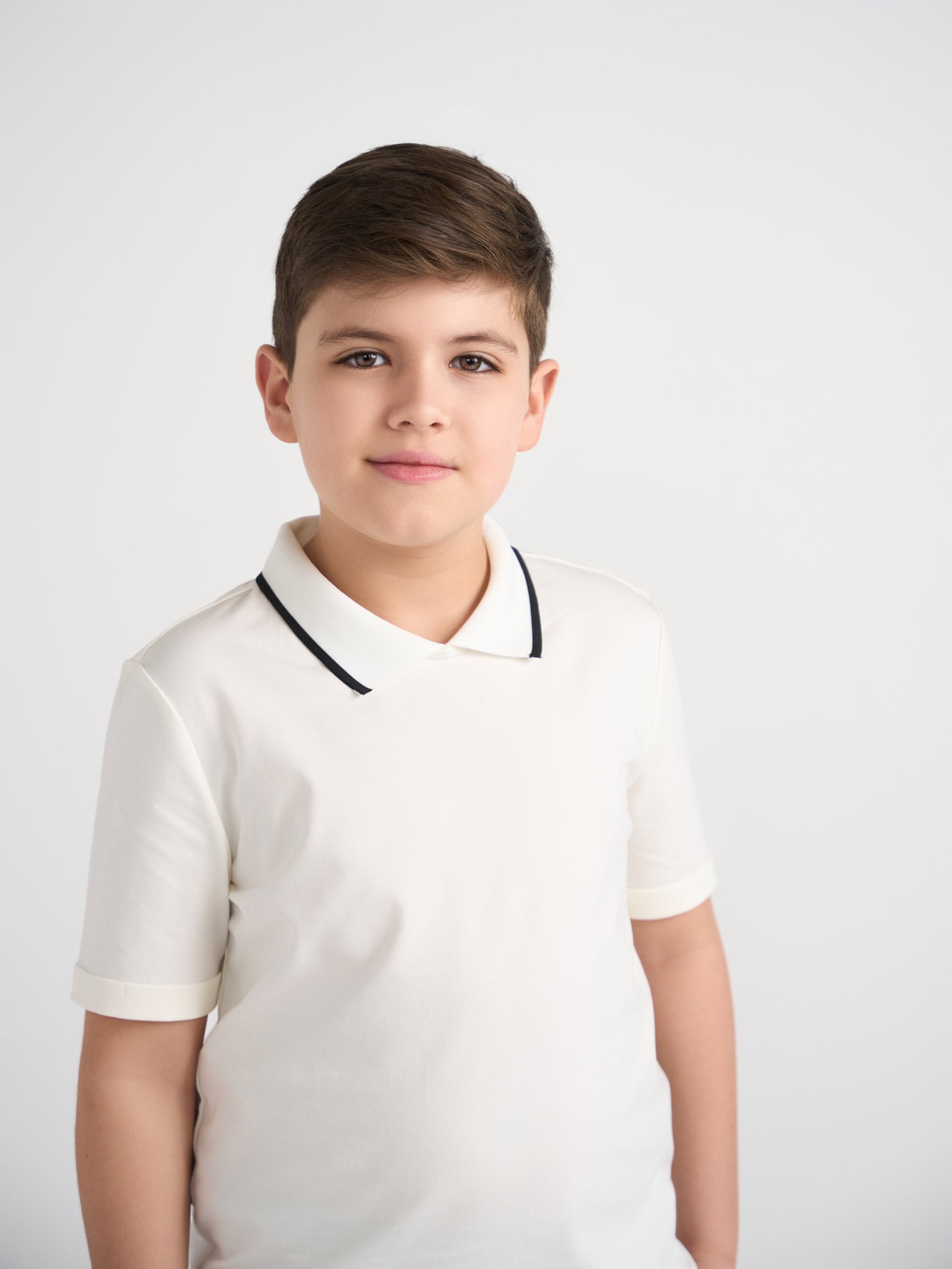 White With Black Trim Collar Top Husky Boys