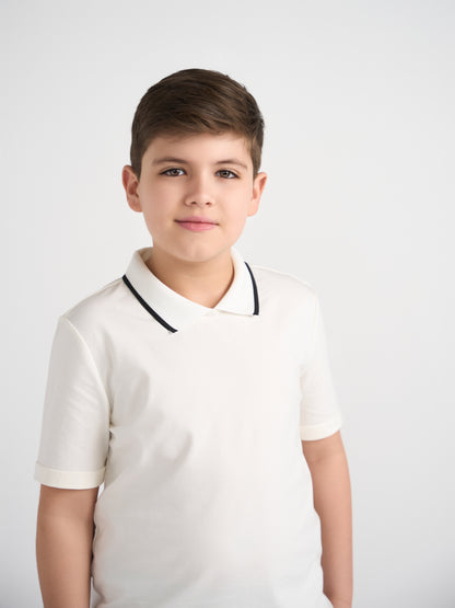 White With Black Trim Collar Top Husky Boys