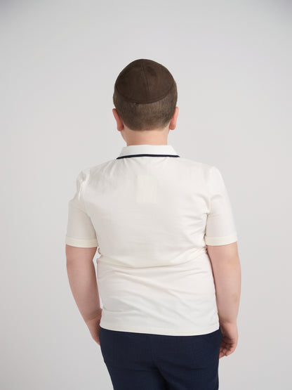 White With Navy Trim Collar Top Husky Boys