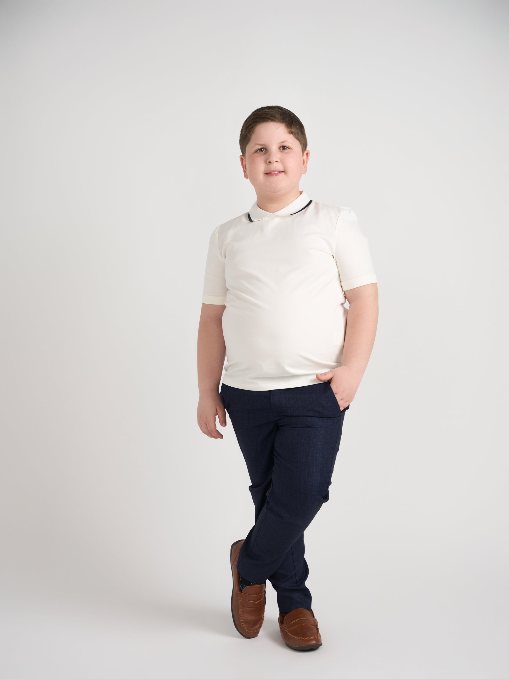 White With Navy Trim Collar Top Husky Boys